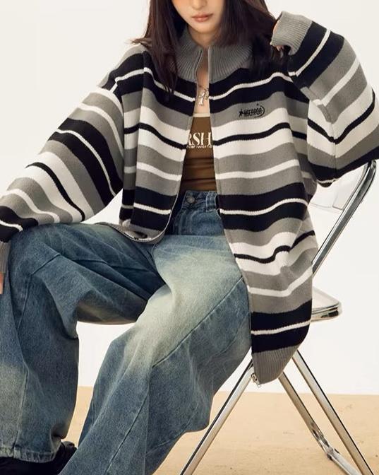 striped stand collar cardigan sweater