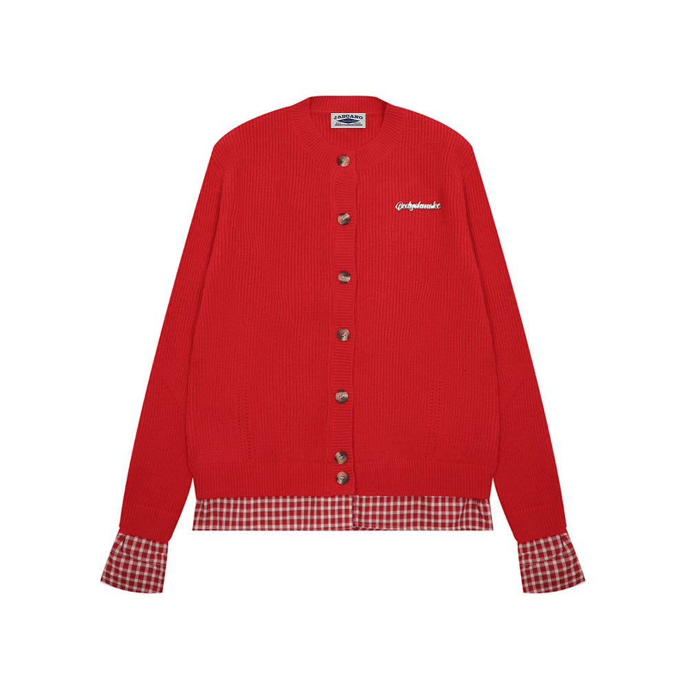 復古短款拼接開衫毛衣