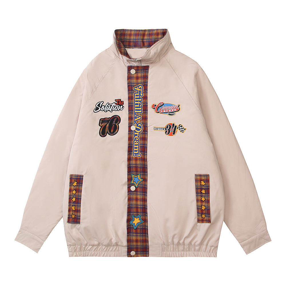 patchwork letter embroidered stand collar jacket