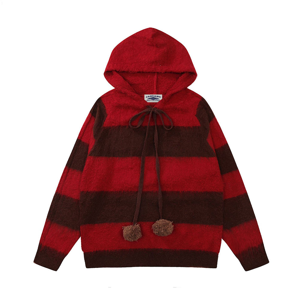 Retro hooded colorblock pullover sweater