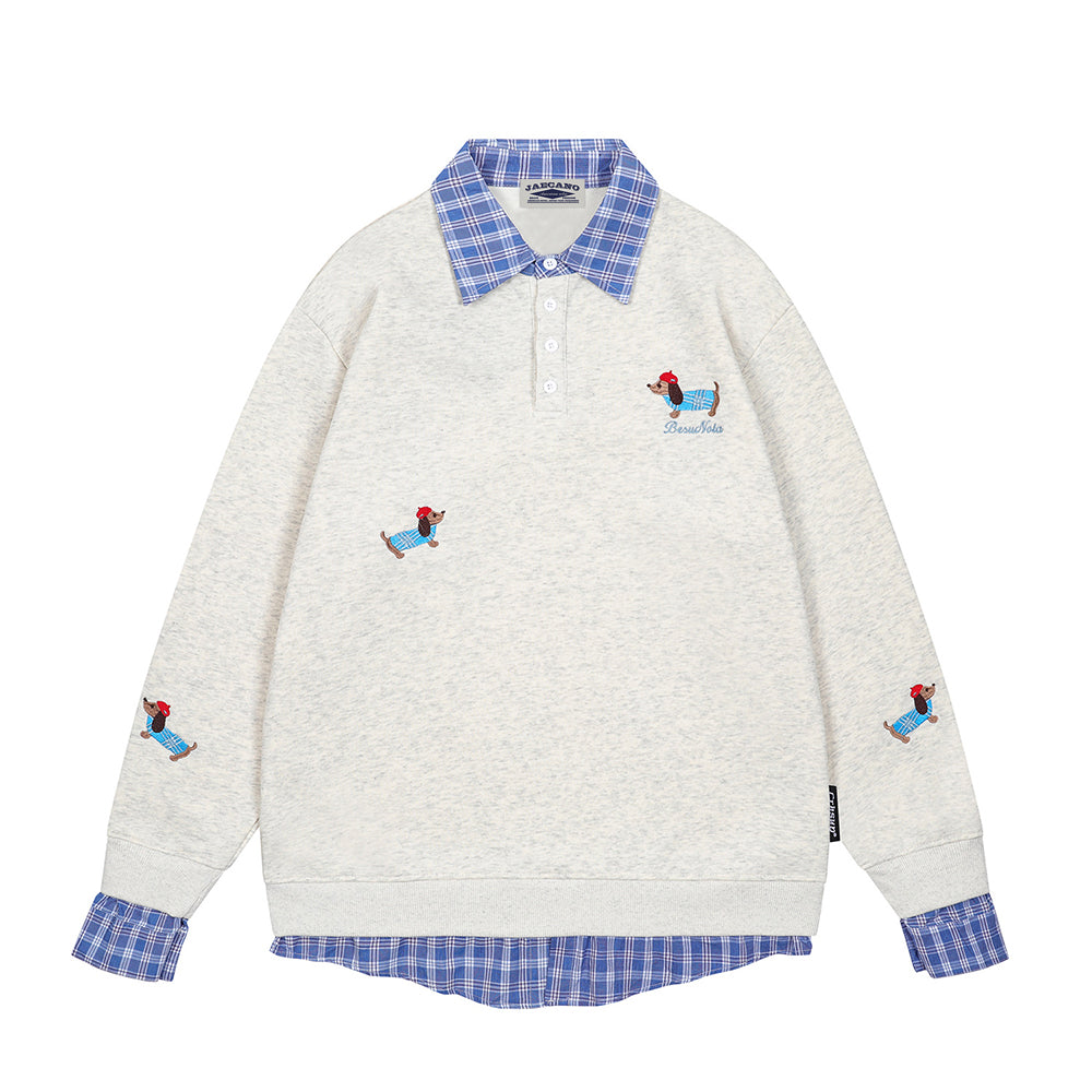 Spliced plaid fake two-piece polo sweatshirt