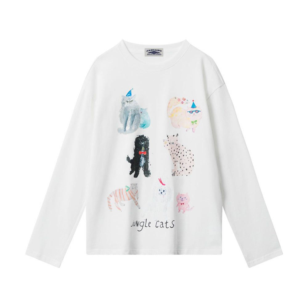 Retro casual cat crew neck top