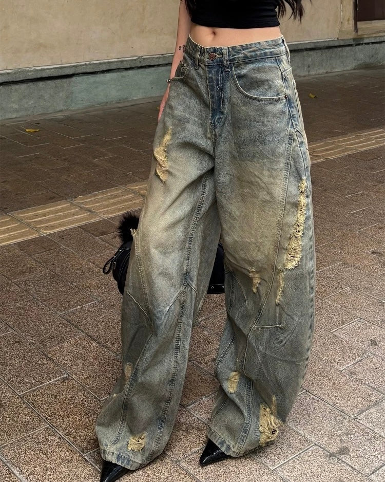 水洗做舊破洞牛仔褲