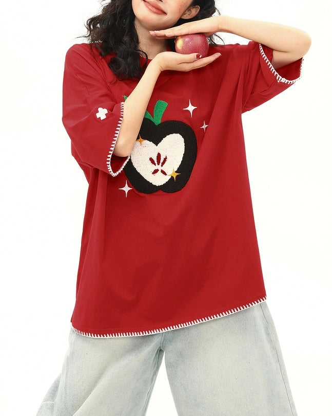 사과 자수 반팔