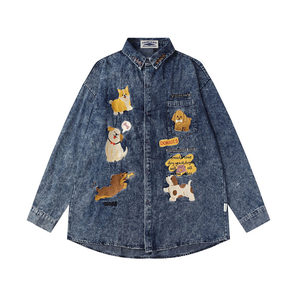 趣味卡通刺綉牛仔襯衫