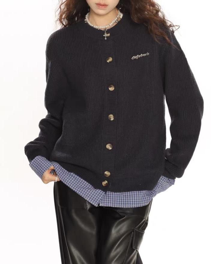 復古短款拼接開衫毛衣