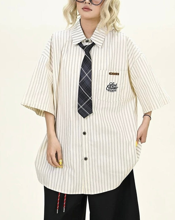 Vintage Striped Short Sleeve Shirt with Tie