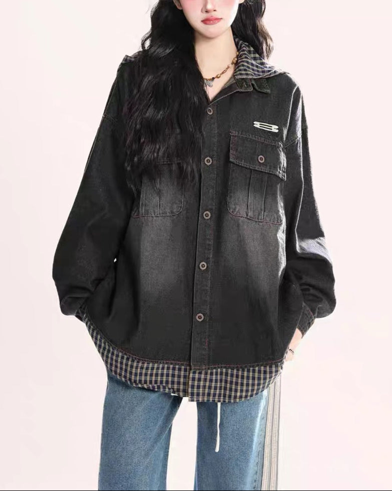 復古格子拼接假兩件牛仔外套