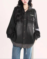 復古格子拼接假兩件牛仔外套