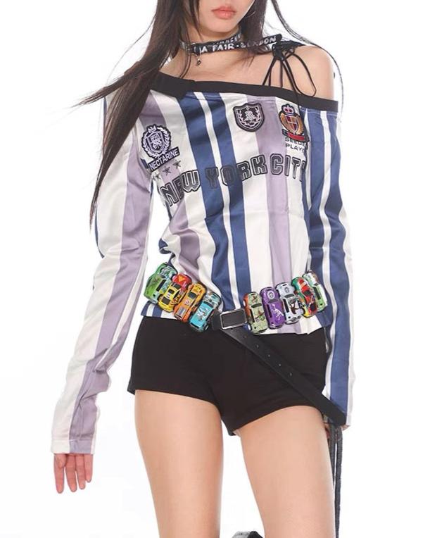 復古豎條紋露肩長袖(女款)