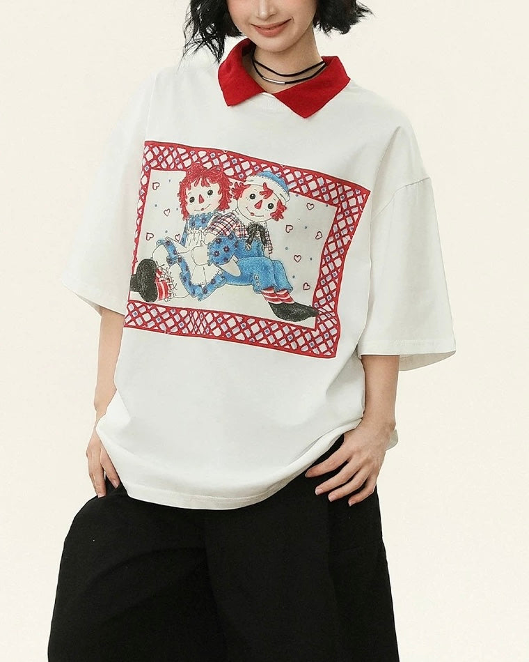 대조적인 색상 만화 짧은 소매