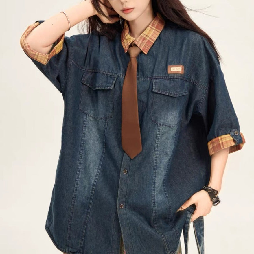 American retro gradient denim tie shirt