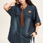 American retro gradient denim tie shirt