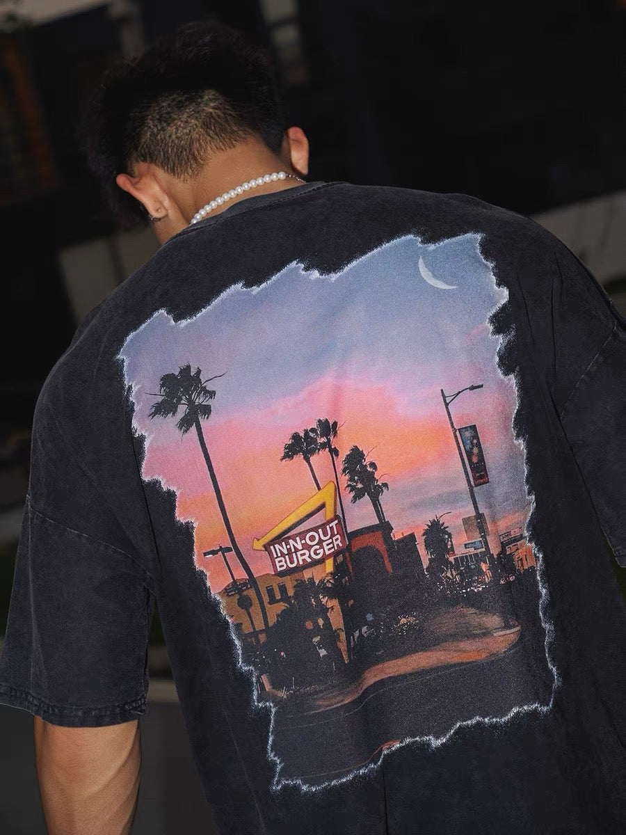 아메리칸 레트로 선셋 프린트 반소매