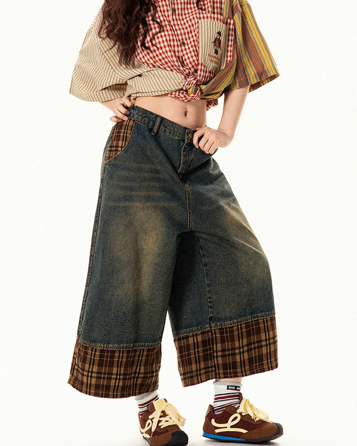 Lettering patchwork cropped trousers