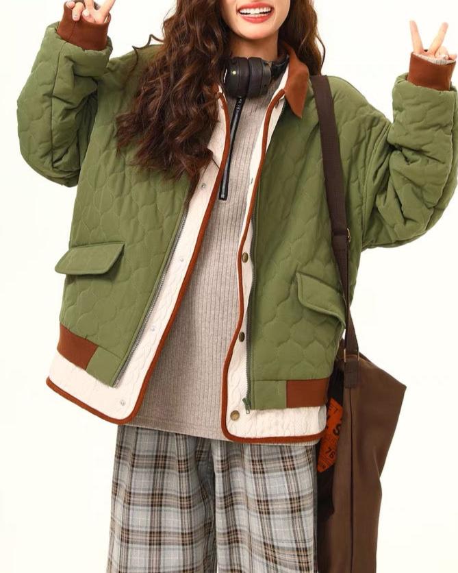 레트로 콘트라스트 컬러 패치워크 코튼 재킷