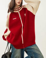 復古拼色刺綉立領針織外套