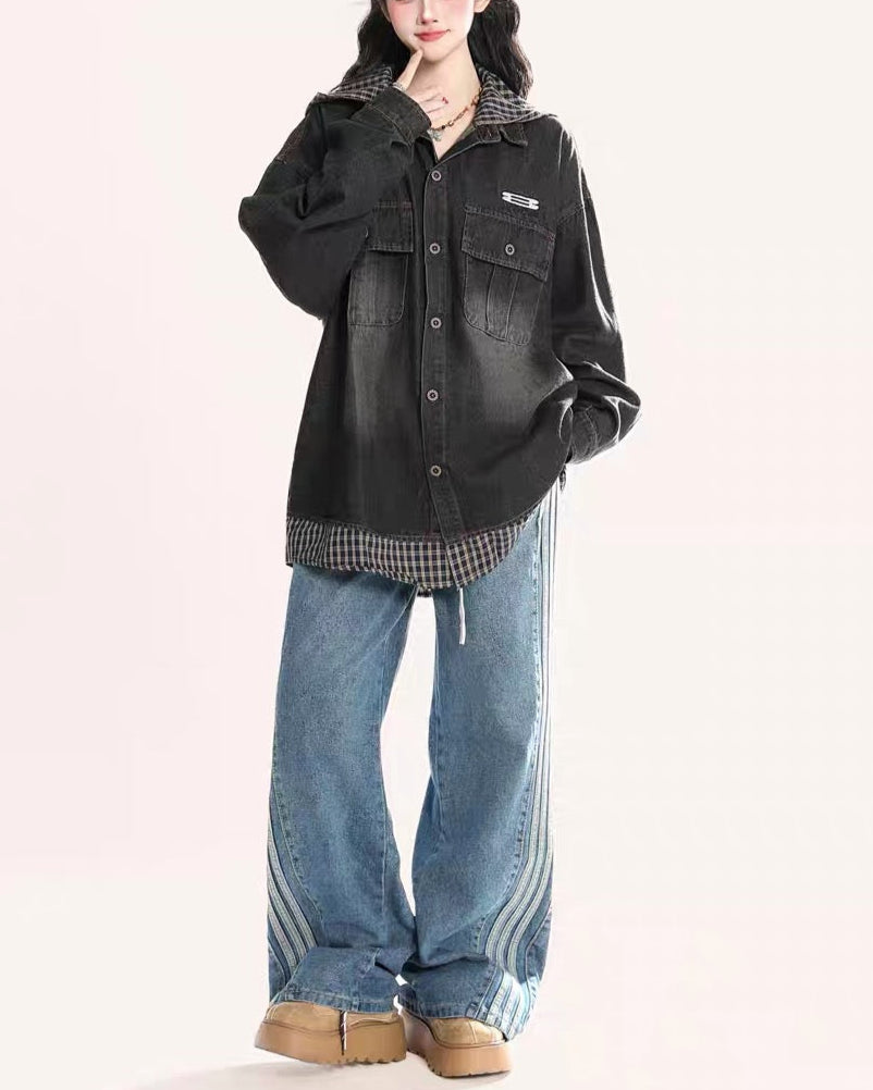 復古格子拼接假兩件牛仔外套