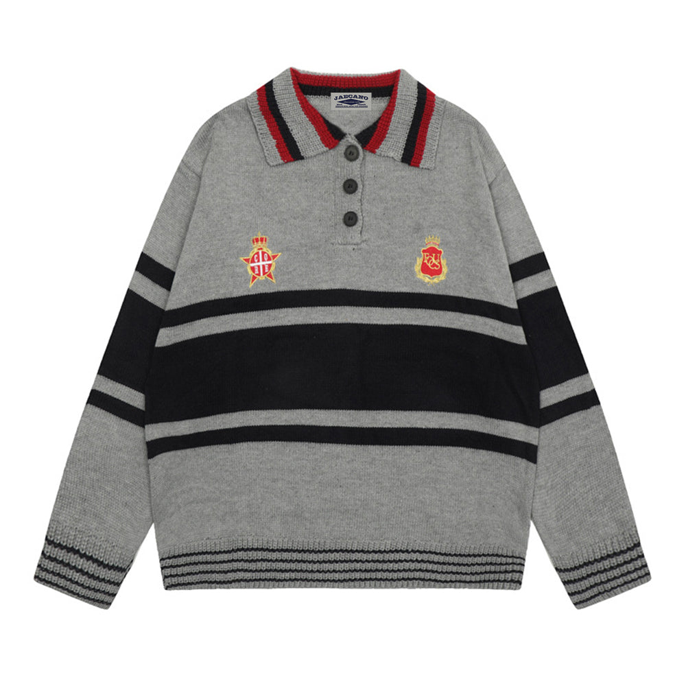 Patchwork contrast color polo sweater