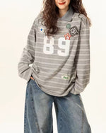 Retro letter lapel striped long sleeves