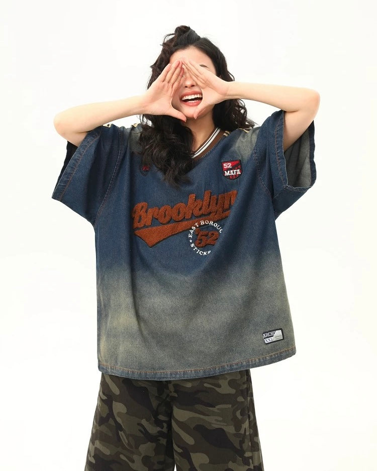 워시드 자수 데님 반팔