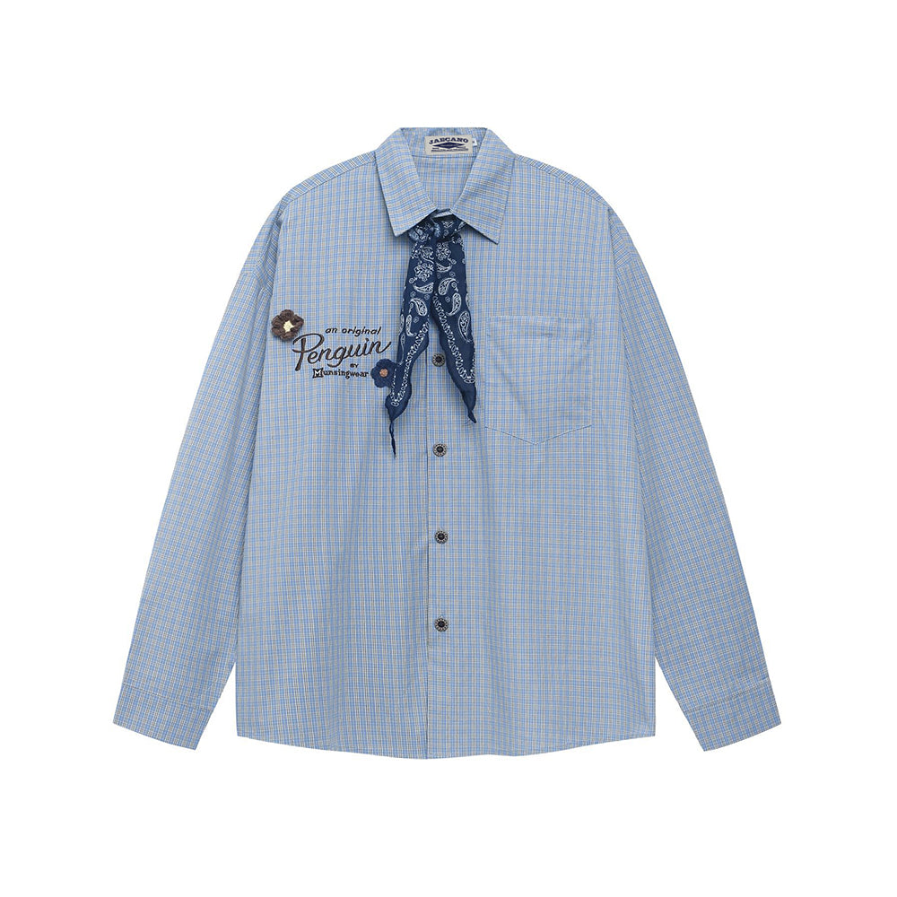 Embroidered plaid long-sleeved shirt