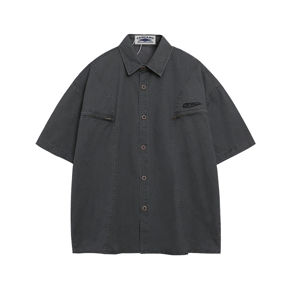 Embroidered zip-up short-sleeved shirt