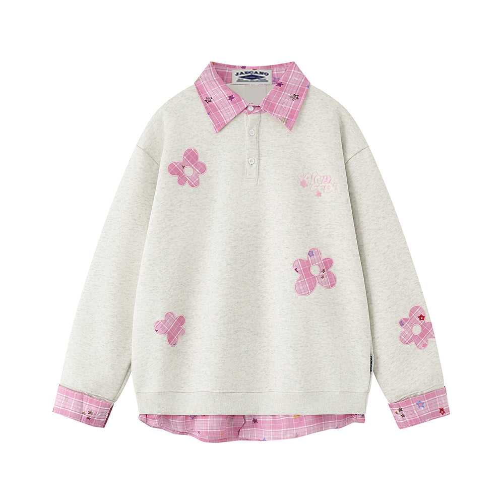 Appliqué patchwork faux two-piece sweatshirt