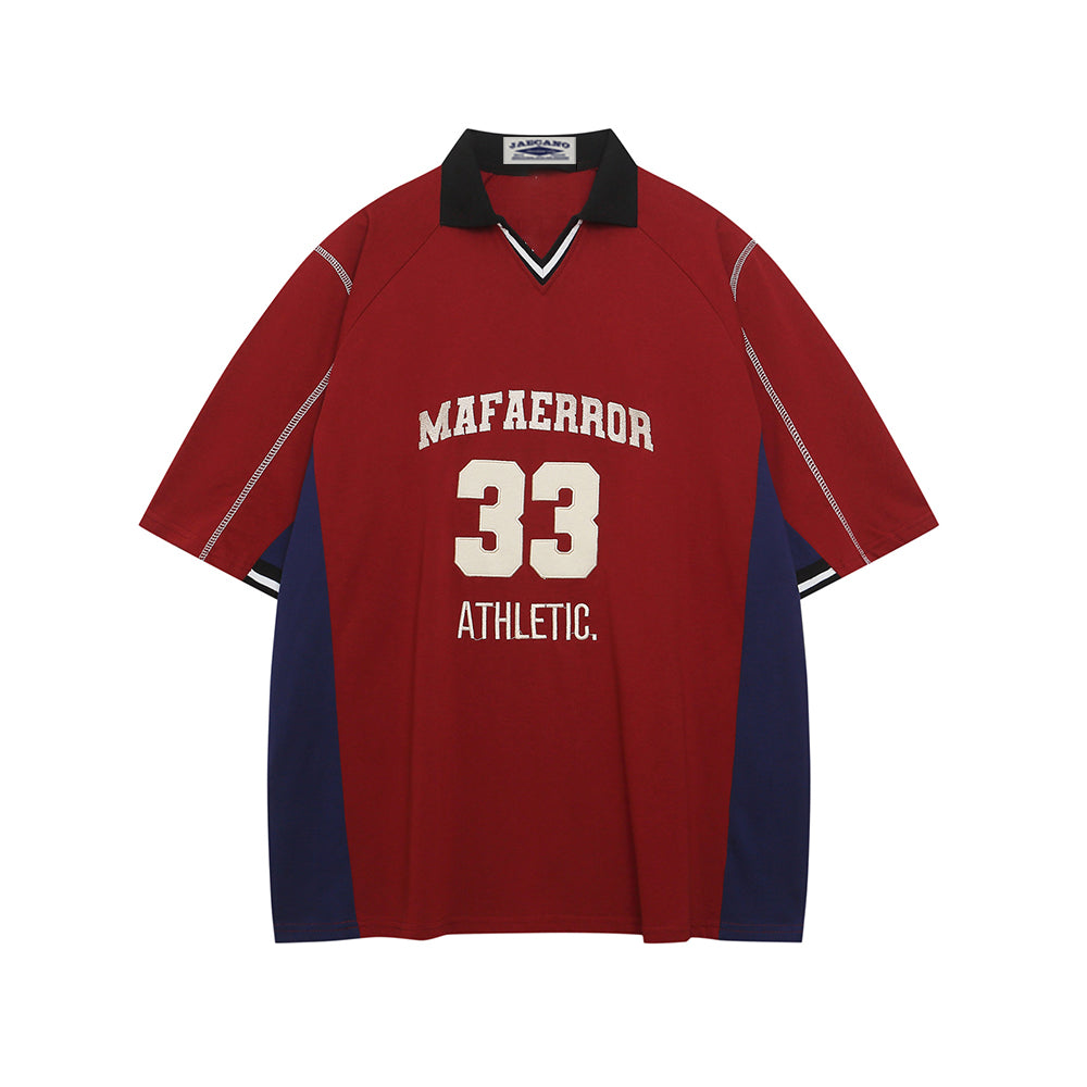 대조적인 컬러 스티칭 짧은 소매