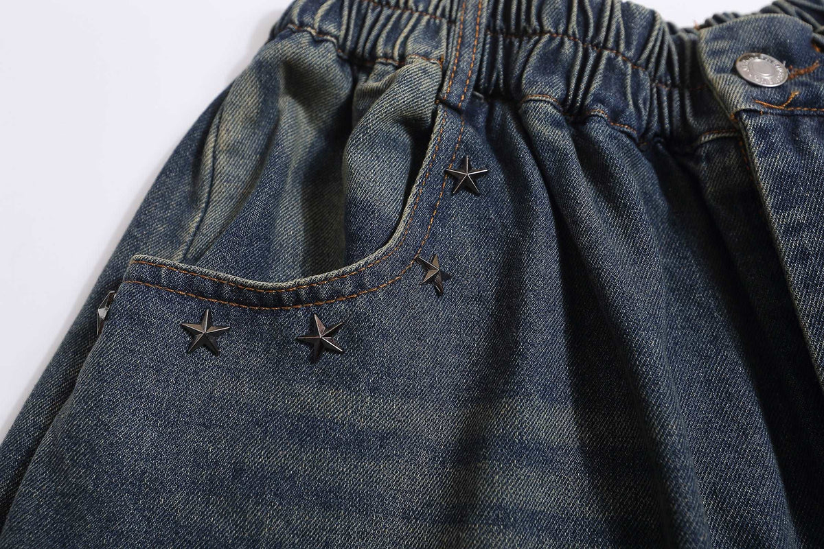 美式復古破洞星星牛仔五分褲