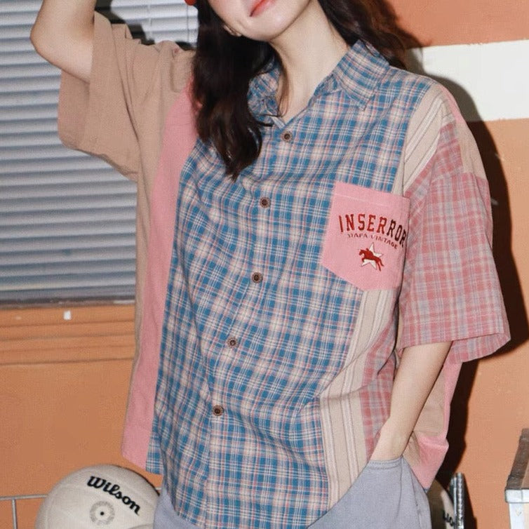 American retro color block plaid shirt