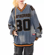 Retro distressed washed denim long sleeves