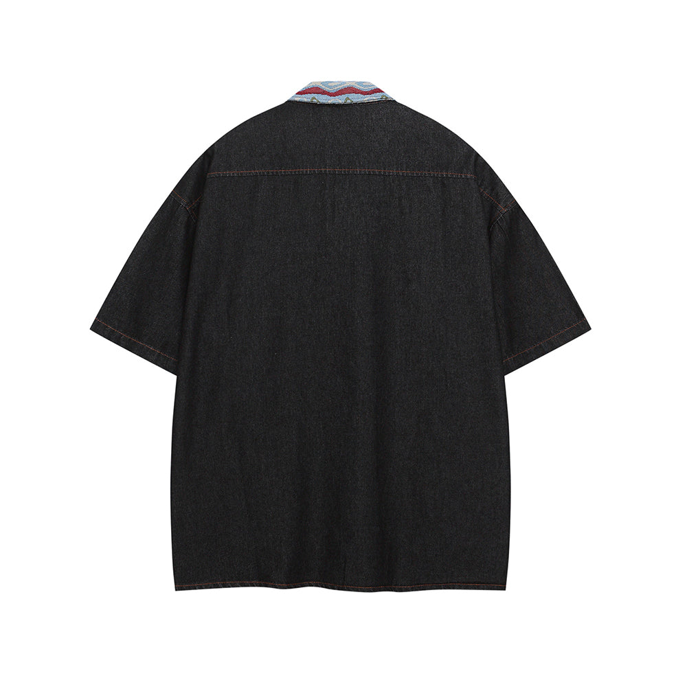 Paneled embroidered denim shirt