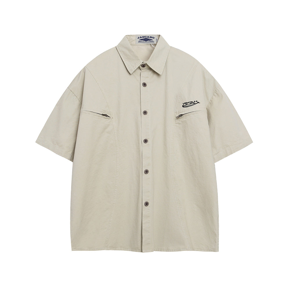 Embroidered zip-up short-sleeved shirt