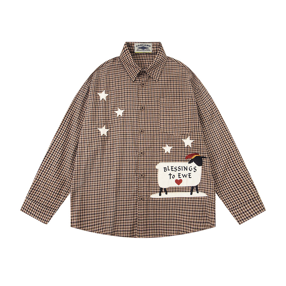 Embroidered plaid long-sleeved shirt