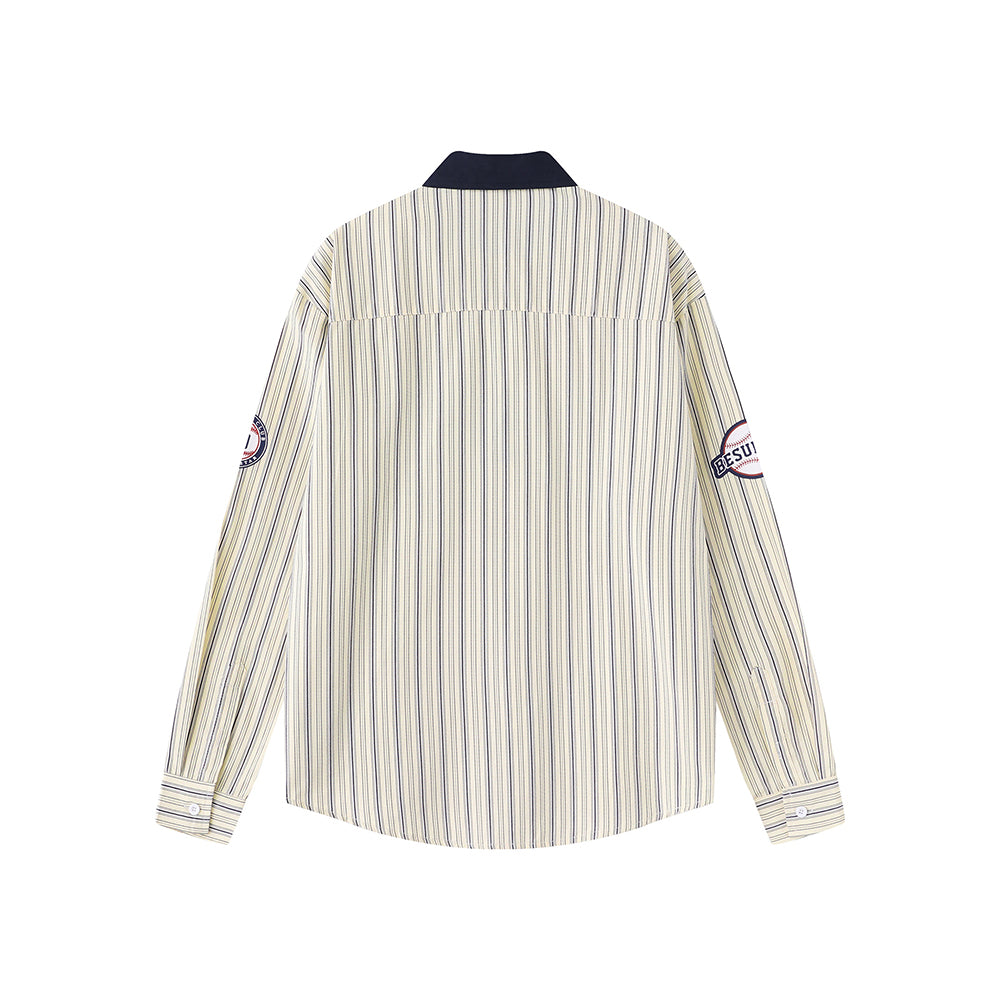 條紋刺綉長袖襯衫