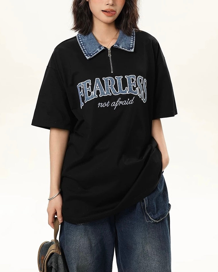 아메리칸 레트로 라펠 지퍼 반소매