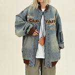 Retro distressed embroidered denim baseball jersey