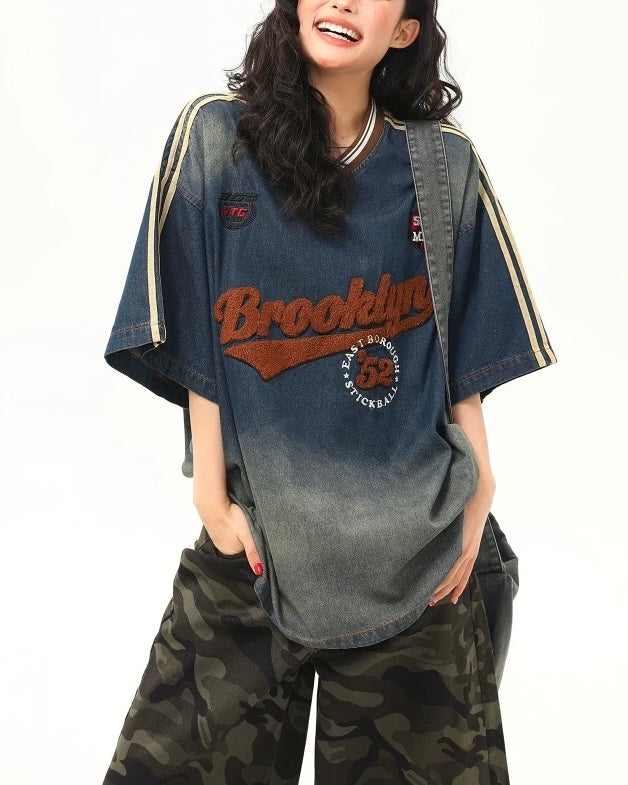 水洗刺綉牛仔短袖