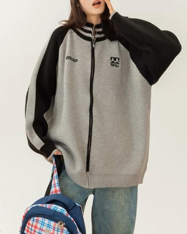 復古拼色刺綉立領針織外套