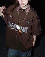 Embroidered contrast plaid short-sleeved shirt