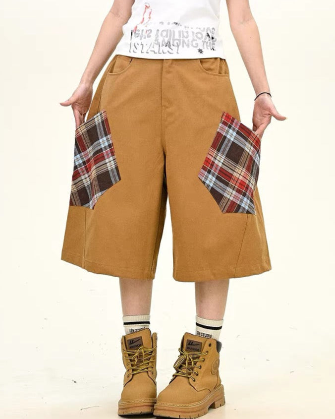 Simple patchwork plaid shorts