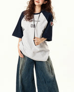 Contrast color letter embroidered short sleeves