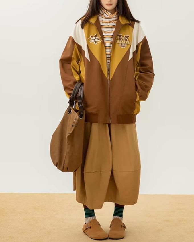 retro color block hooded jacket