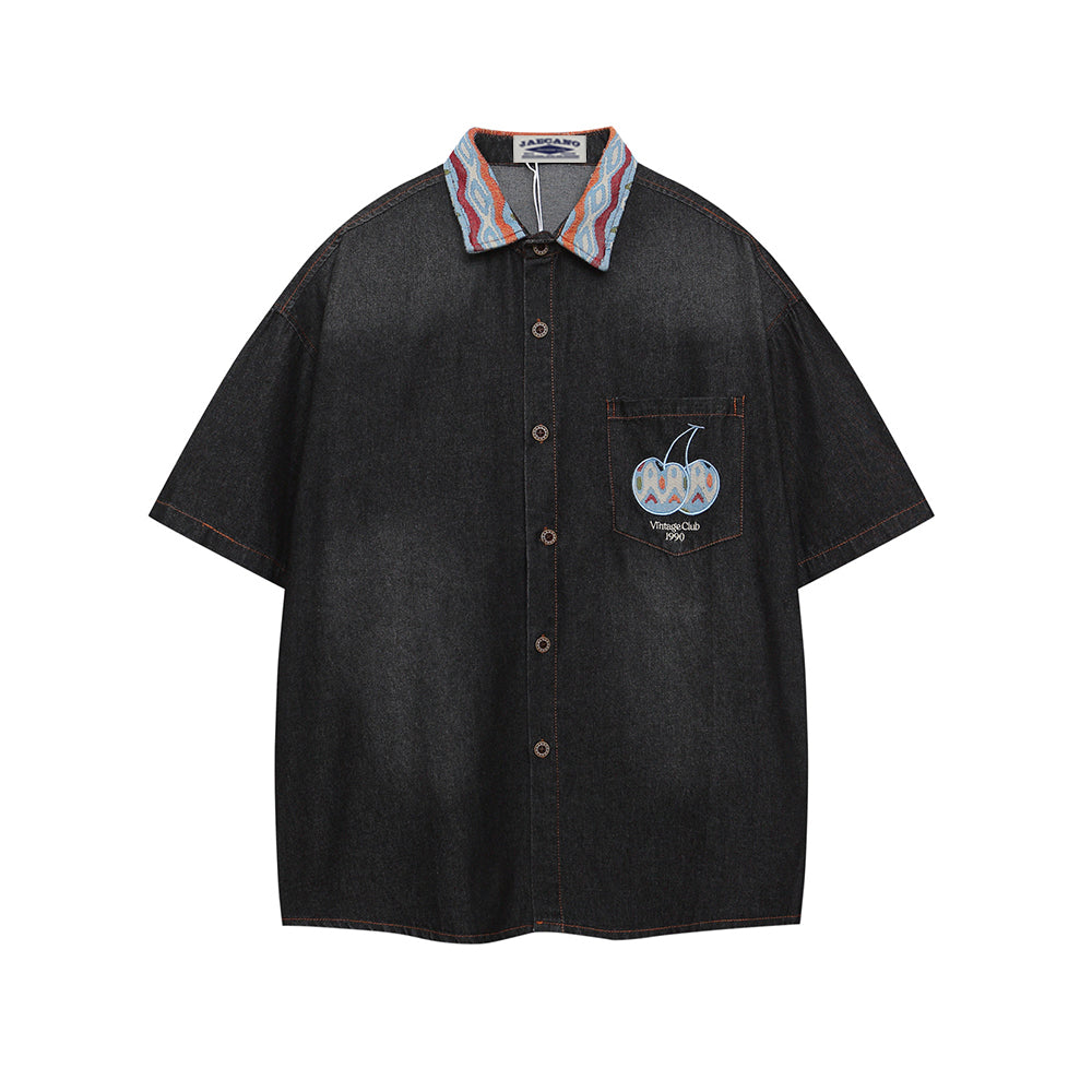 Paneled embroidered denim shirt
