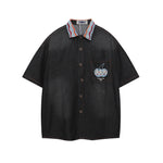 Paneled embroidered denim shirt