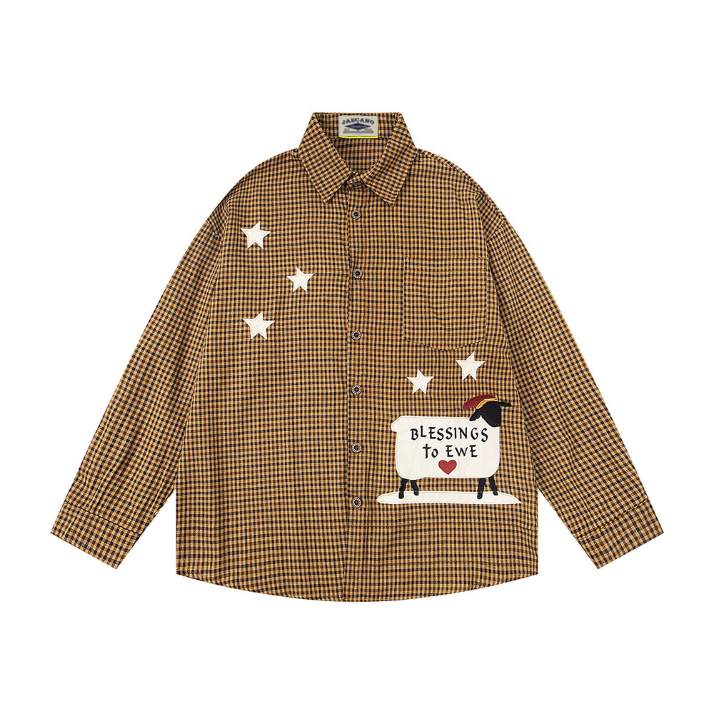 Embroidered plaid long-sleeved shirt