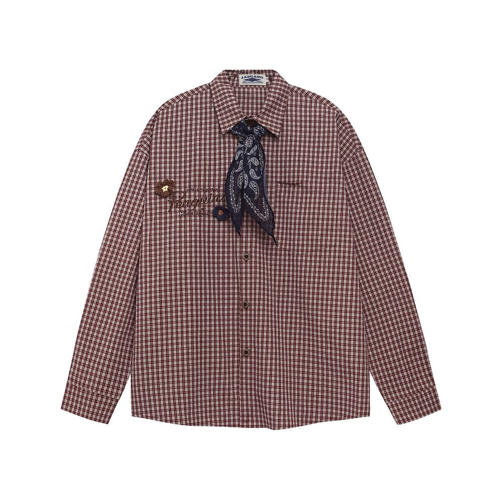 Embroidered plaid long-sleeved shirt