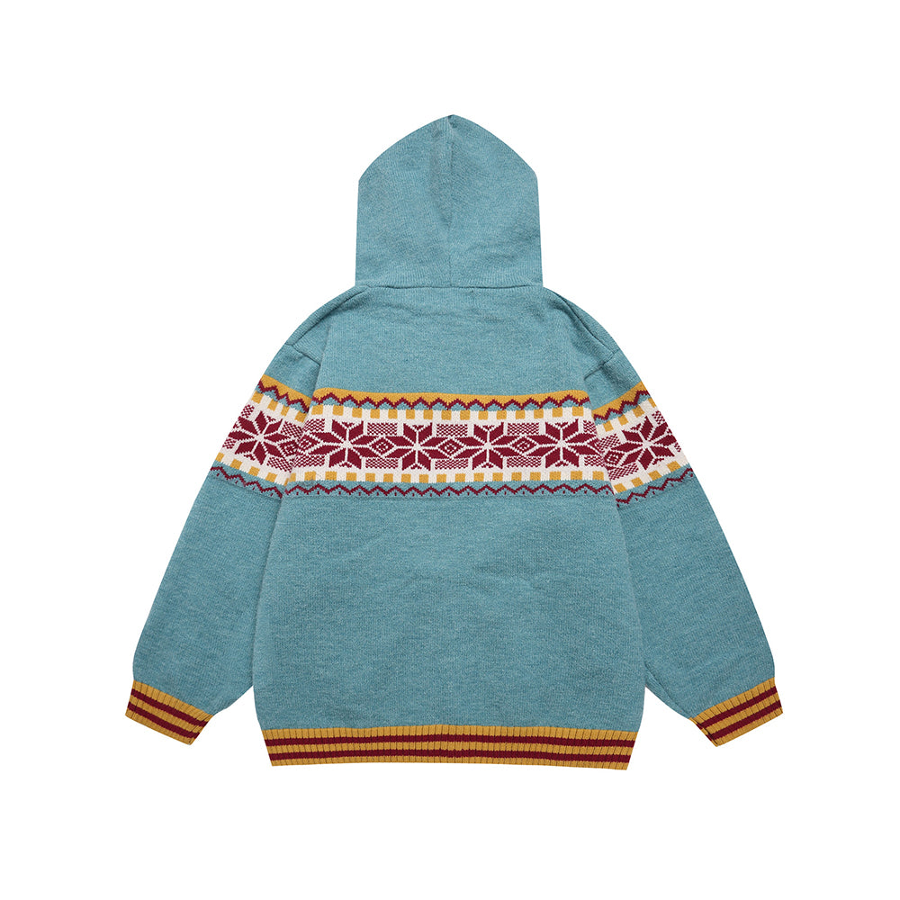 Retro contrast hooded knitted sweater