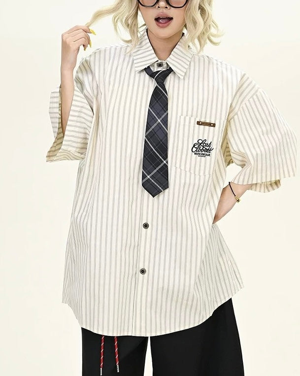 Vintage Striped Short Sleeve Shirt with Tie